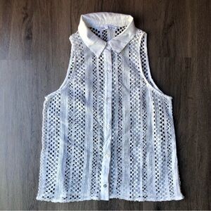 Crochet See Through Sleeveless Top White Lace Size S Retro Collared 60s Mod